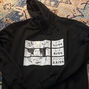 Unisex adult small anime looking thin black hooded sweatshirt.